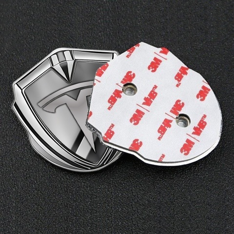 Tesla Fender Emblem Badge Silver Grey Striped Base Grey Logo Motif