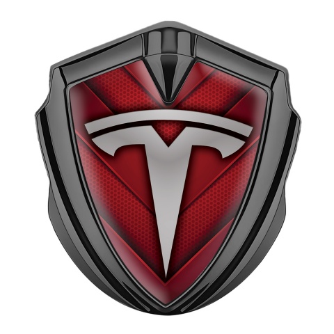 Tesla Fender Metal Domed Badge Graphite Crimson Hex Base Grey Motif