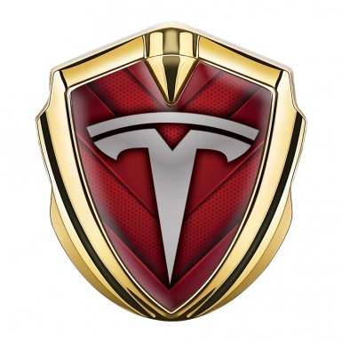 Tesla Fender Metal Domed Badge Gold Crimson Hex Base Grey Motif