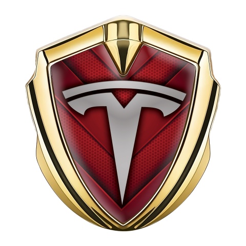 Tesla Fender Metal Domed Badge Gold Crimson Hex Base Grey Motif