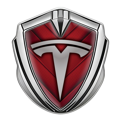 Tesla Fender Metal Domed Badge Silver Crimson Hex Base Grey Motif
