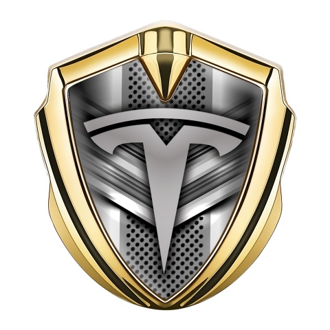 Tesla Trunk Emblem Badge Gold Grey Metal Mesh Gradient Logo Design
