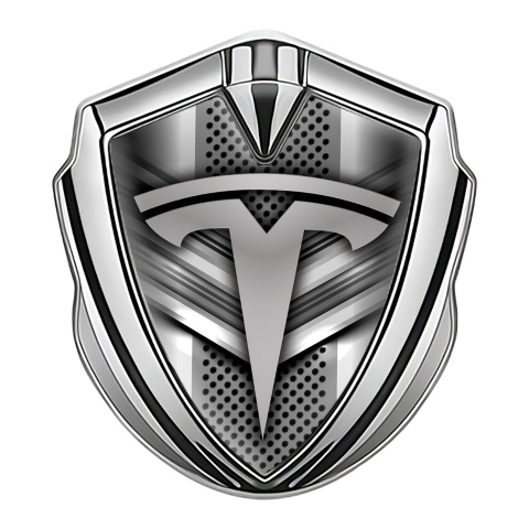 Tesla Trunk Emblem Badge Silver Grey Metal Mesh Gradient Logo Design