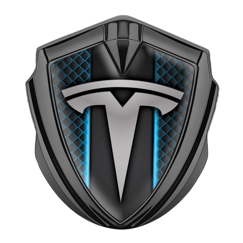 Tesla 3D Car Metal Domed Emblem Graphite Blue Grille Outer Glow Effect