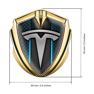 Tesla 3D Car Metal Domed Emblem Gold Blue Grille Outer Glow Effect