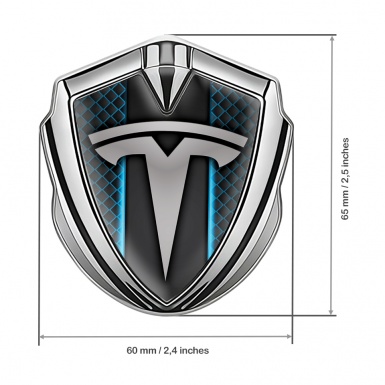 Tesla 3D Car Metal Domed Emblem Silver Blue Grille Outer Glow Effect
