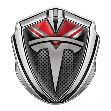 Tesla Tuning Emblem Self Adhesive Silver Dark Mesh Red Crest Design