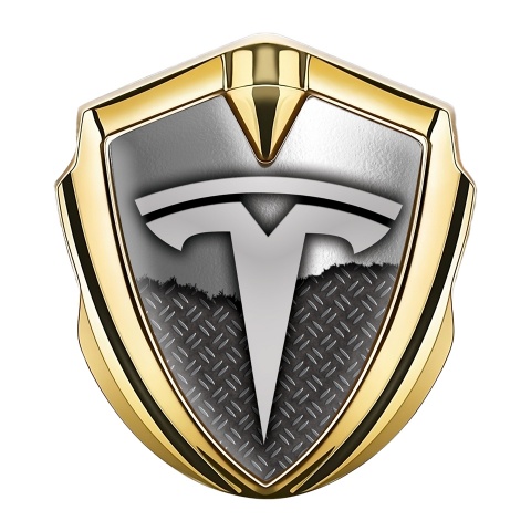 Tesla Fender Metal Domed Emblem Gold Industrial Half Torn Design