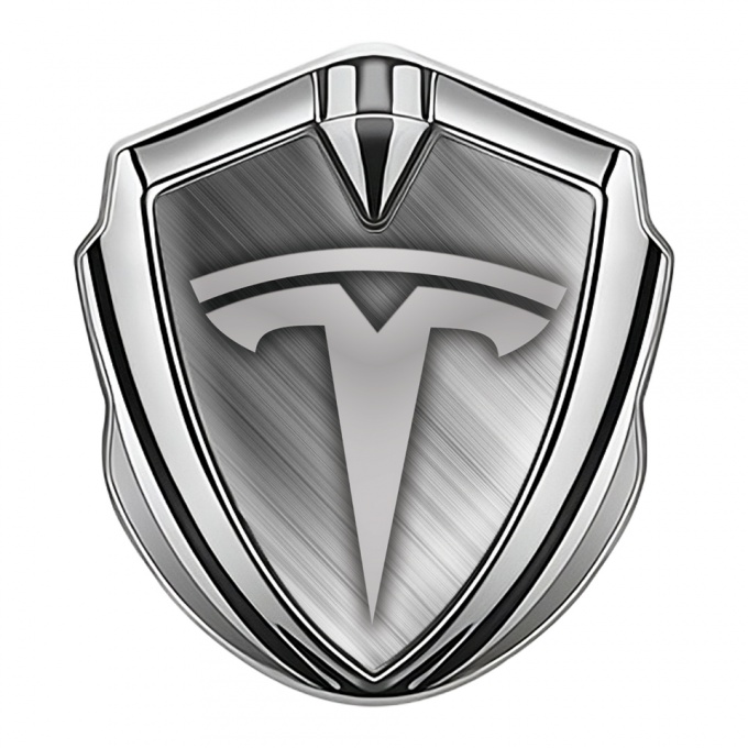 Tesla Trunk Metal Emblem Badge Silver Brushed Aluminum Grey Motif