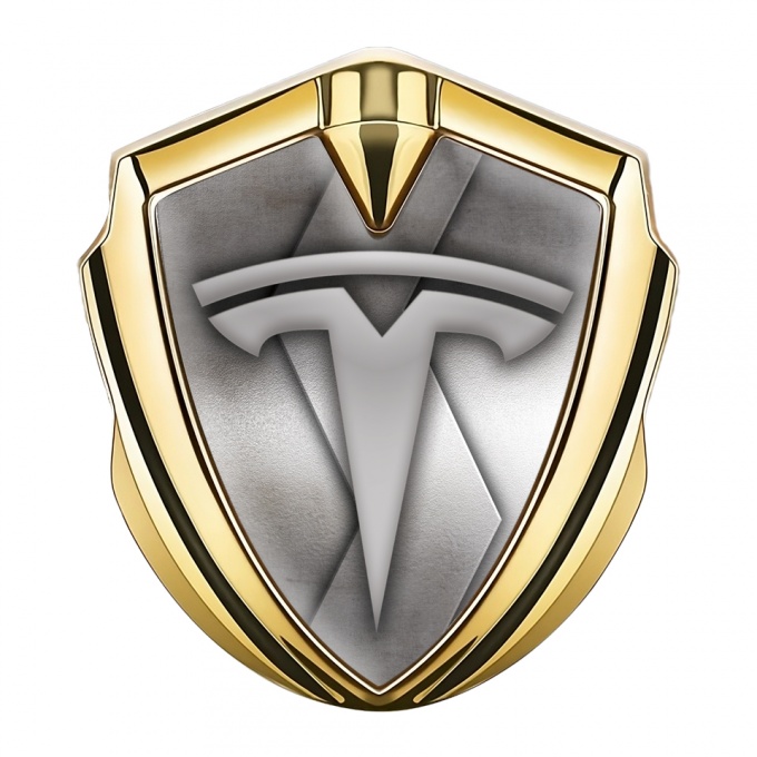 Tesla 3D Car Metal Domed Emblem Gold Curved Plate Grey Logo