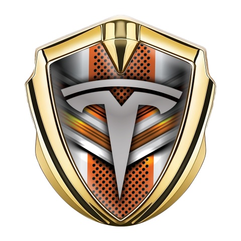 Tesla Bodyside Domed Emblem Gold Orange Grey Motif Classic Logo