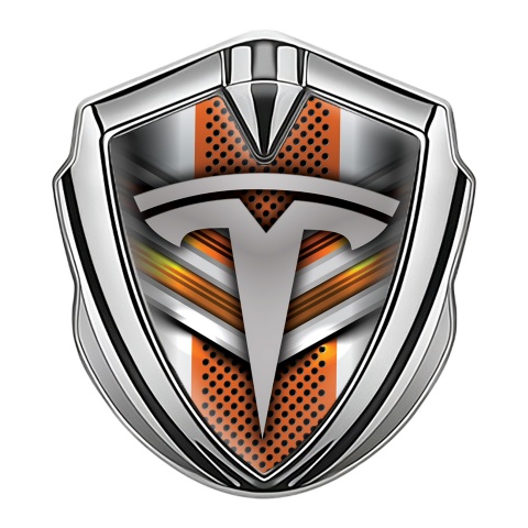 Tesla Bodyside Domed Emblem Silver Orange Grey Motif Classic Logo