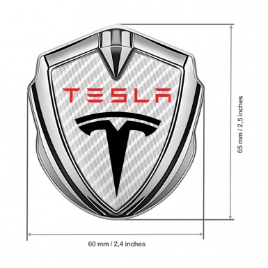 Tesla Bodyside Badge Self Adhesive Silver White Carbon Base Red Logo