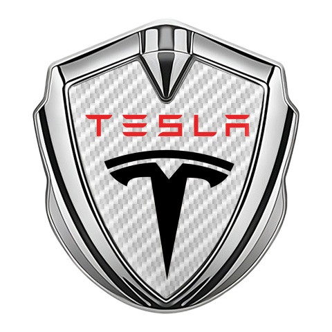 Tesla Bodyside Badge Self Adhesive Silver White Carbon Base Red Logo