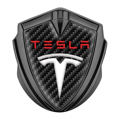 Tesla Tuning Emblem Self Adhesive Graphite Black Carbon Base Red Logo