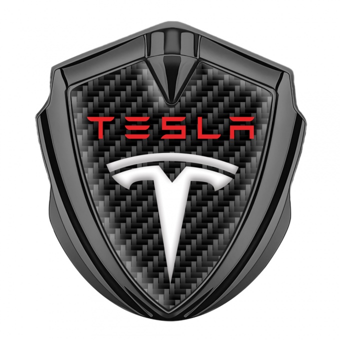 Tesla Tuning Emblem Self Adhesive Graphite Black Carbon Base Red Logo