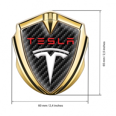 Tesla Tuning Emblem Self Adhesive Gold Black Carbon Base Red Logo