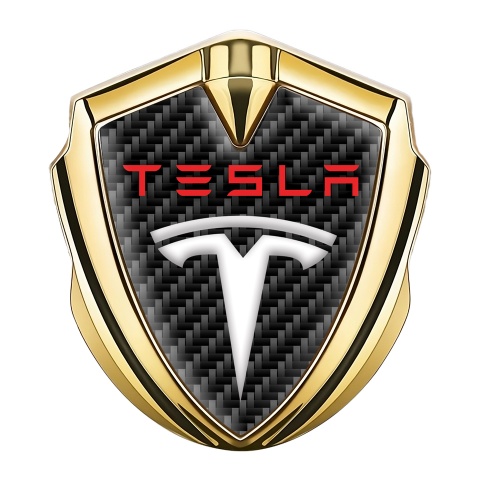 Tesla Tuning Emblem Self Adhesive Gold Black Carbon Base Red Logo