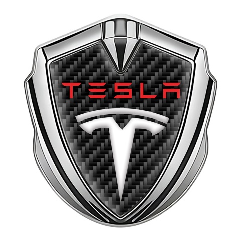 Tesla Tuning Emblem Self Adhesive Silver Black Carbon Base Red Logo