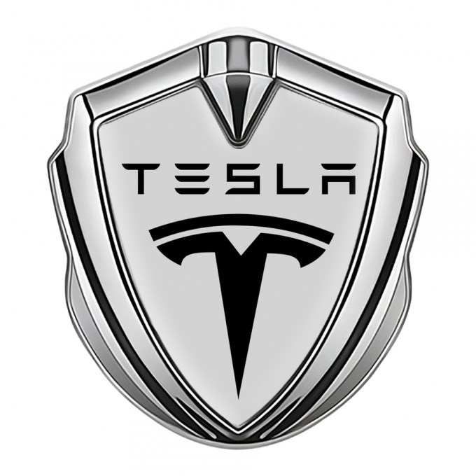 Tesla Trunk Metal Emblem Badge Silver Grey Base Black Classic Logo