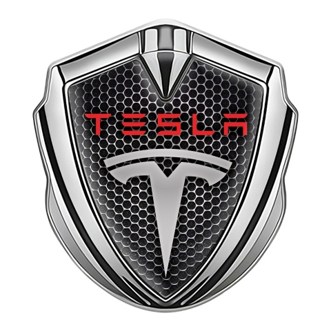 Tesla Self Adhesive Bodyside Emblem Silver Dark Grate Red Logo Variant