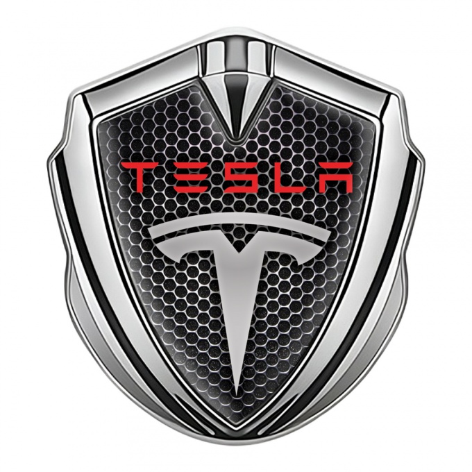 Tesla Self Adhesive Bodyside Emblem Silver Dark Grate Red Logo Variant