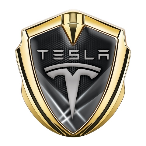 Tesla Bodyside Badge Self Adhesive Gold Grey Hex Outer Glow Effect