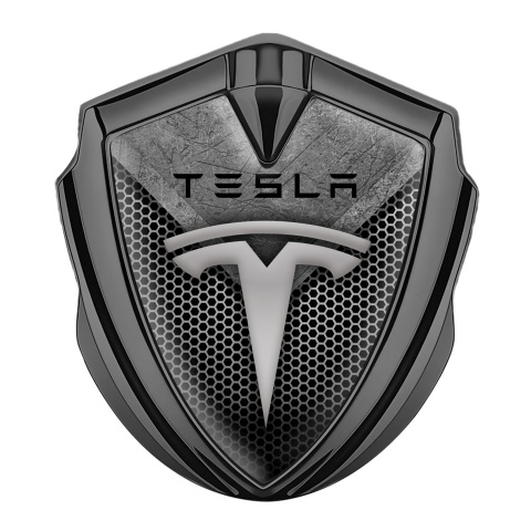 Tesla Trunk Metal Emblem Badge Graphite Light Honeycomb Stone Crest Design