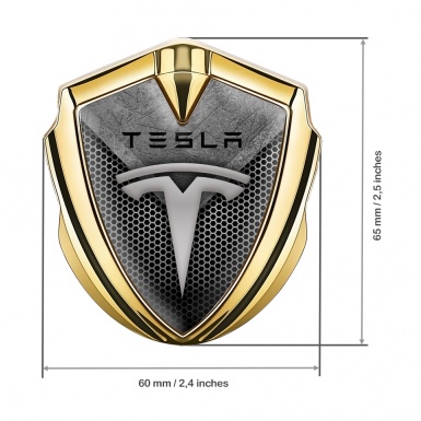 Tesla Trunk Metal Emblem Badge Gold Light Honeycomb Stone Crest Design