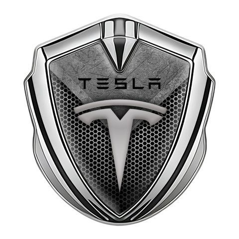 Tesla Trunk Metal Emblem Badge Silver Light Honeycomb Stone Crest Design