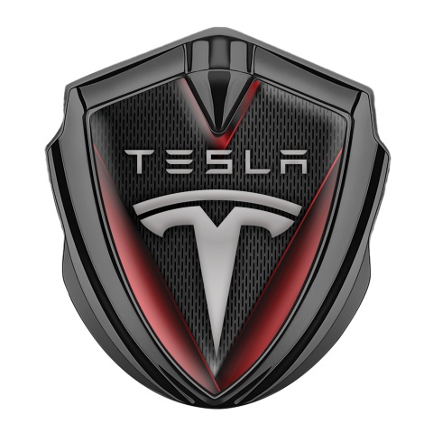 Tesla 3D Car Metal Domed Emblem Graphite Dark Mesh Red Elements Motif