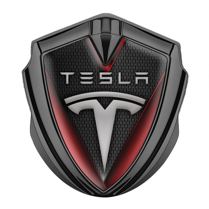 Tesla 3D Car Metal Domed Emblem Graphite Dark Mesh Red Elements Motif