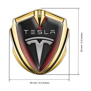 Tesla 3D Car Metal Domed Emblem Gold Dark Mesh Red Elements Motif