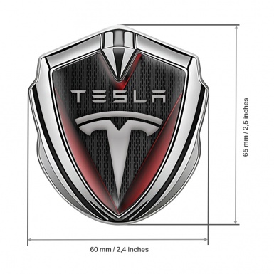 Tesla 3D Car Metal Domed Emblem Silver Dark Mesh Red Elements Motif