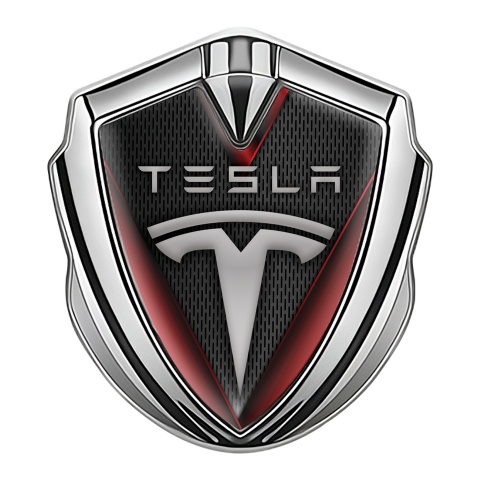 Tesla 3D Car Metal Domed Emblem Silver Dark Mesh Red Elements Motif