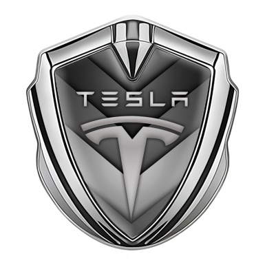 Tesla Fender Emblem Badge Silver Grey V Shaped Elements Edition