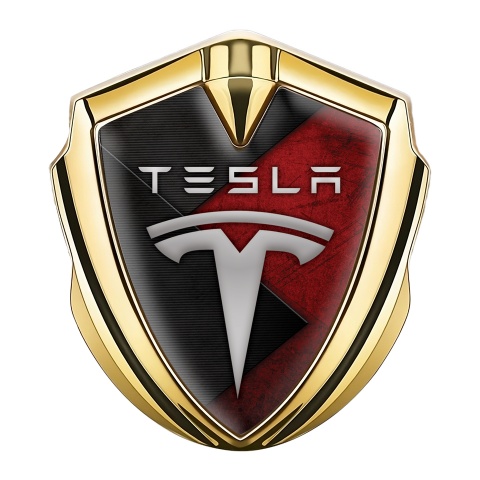 Tesla Fender Metal Domed Emblem Gold Scratched Red Elements Design