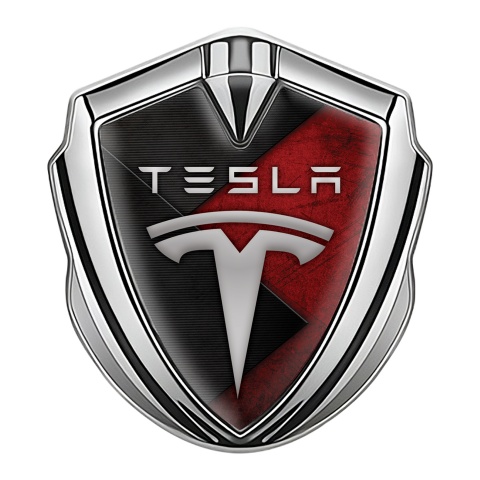 Tesla Fender Metal Domed Emblem Silver Scratched Red Elements Design