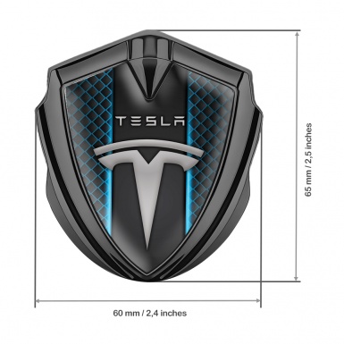 Tesla 3D Car Metal Domed Emblem Graphite Cyan Themed Grate Grey Logo