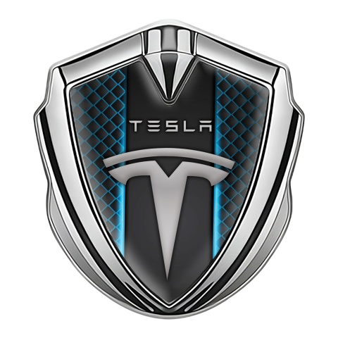Tesla 3D Car Metal Domed Emblem Silver Cyan Themed Grate Grey Logo