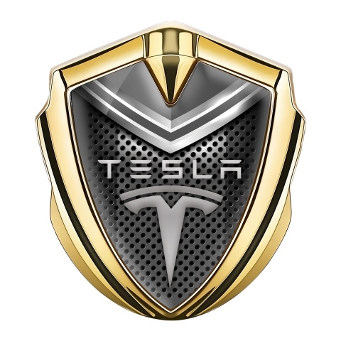 Tesla Bodyside Badge Self Adhesive Gold Metal Grate Grey Crest Design