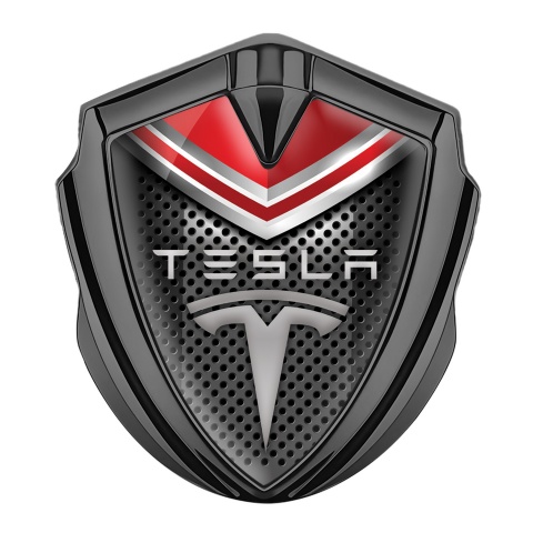 Tesla Tuning Emblem Self Adhesive Graphite Metal Grate Red Crest Motif