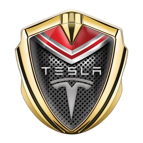 Tesla Tuning Emblem Self Adhesive Gold Metal Grate Red Crest Motif
