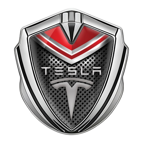 Tesla Tuning Emblem Self Adhesive Silver Metal Grate Red Crest Motif