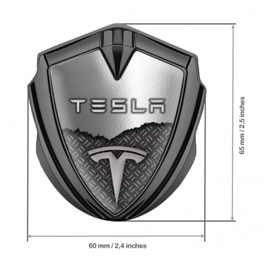 Tesla Fender Emblem Badge Graphite Industrial Grate Torn Metal Motif