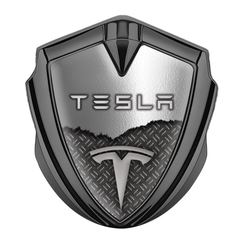 Tesla Fender Emblem Badge Graphite Industrial Grate Torn Metal Motif