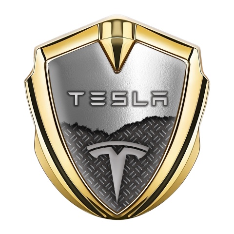 Tesla Fender Emblem Badge Gold Industrial Grate Torn Metal Motif