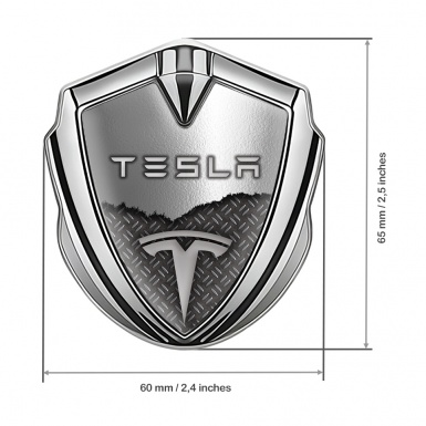 Tesla Fender Emblem Badge Silver Industrial Grate Torn Metal Motif