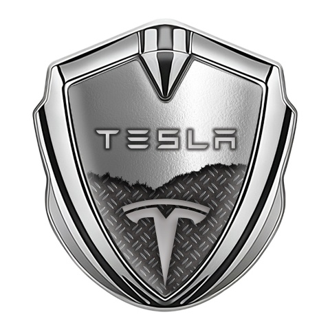 Tesla Fender Emblem Badge Silver Industrial Grate Torn Metal Motif