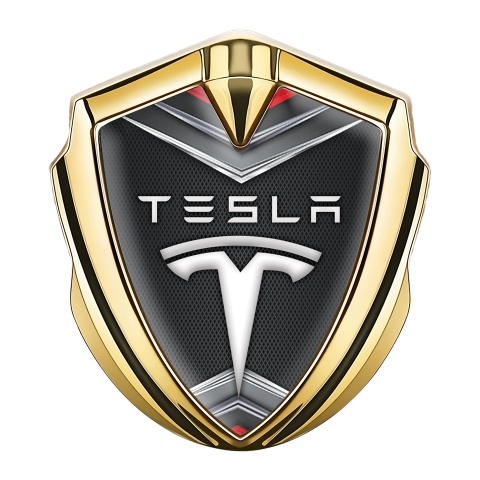 Tesla 3D Car Metal Domed Emblem Gold Fine Metal Mesh Chrome Elements